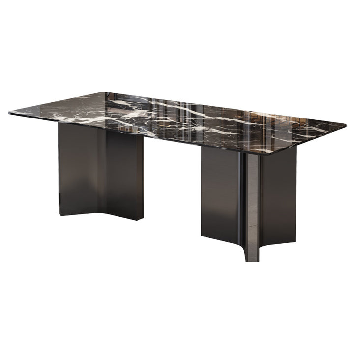 Obsidian Stone Dining Table &amp; 6 Chair Set with Dual Curved X-Base in Matte Black - Greenora Living