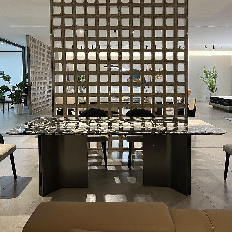Obsidian Stone Dining Table &amp; 6 Chair Set with Dual Curved X-Base in Matte Black - Greenora Living