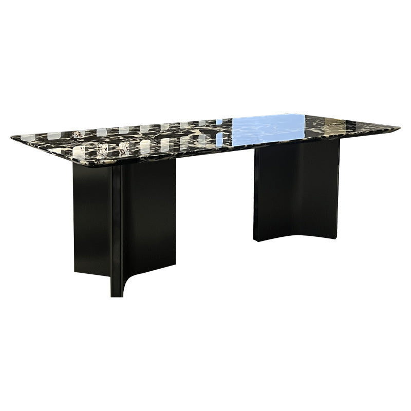 Obsidian Stone Dining Table &amp; 6 Chair Set with Dual Curved X-Base in Matte Black - Greenora Living