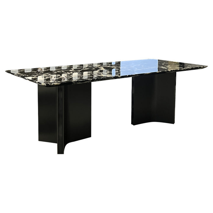 Obsidian Stone Dining Table &amp; 6 Chair Set with Dual Curved X-Base in Matte Black - Greenora Living