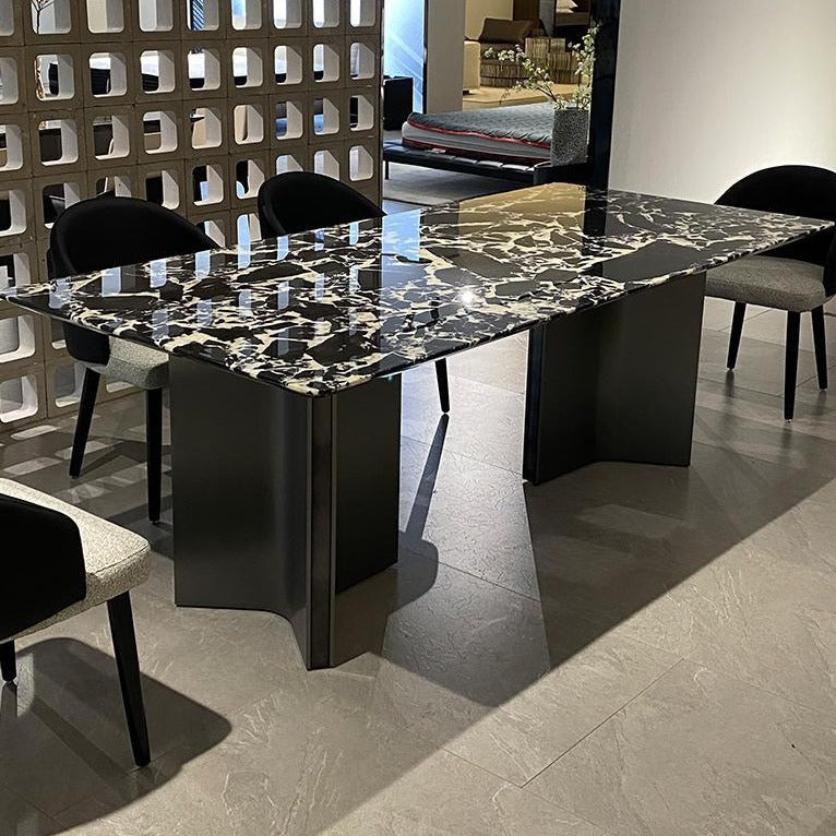 Obsidian Stone Dining Table & 6 Chair Set with Dual Curved X-Base in Matte Black - Greenora Living