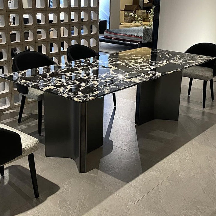 Obsidian Stone Dining Table &amp; 6 Chair Set with Dual Curved X-Base in Matte Black - Greenora Living