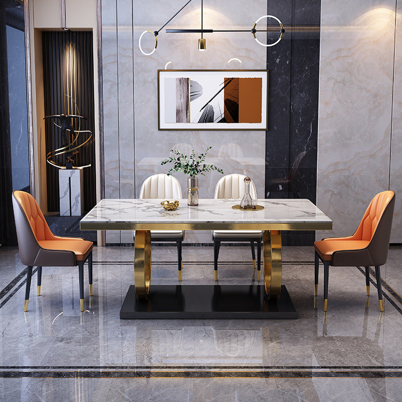 Aurelius Marble Dining Table &amp; 6 Chair Set with Gold Double-Ring Base - Greenora Living