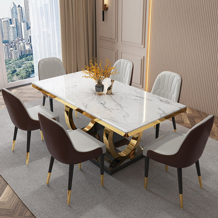 Aurelius Marble Dining Table &amp; 6 Chair Set with Gold Double-Ring Base - Greenora Living