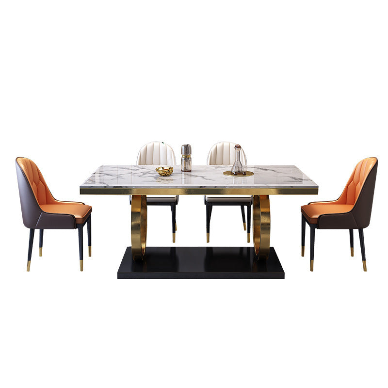 Aurelius Marble Dining Table &amp; 6 Chair Set with Gold Double-Ring Base - Greenora Living