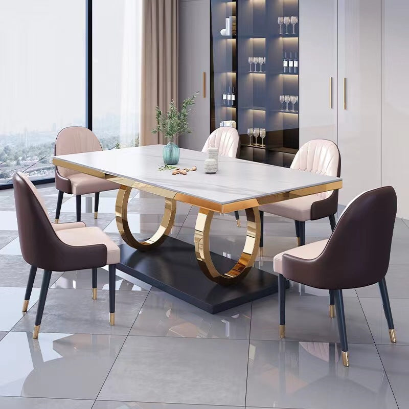 Aurelius Marble Dining Table &amp; 6 Chair Set with Gold Double-Ring Base - Greenora Living