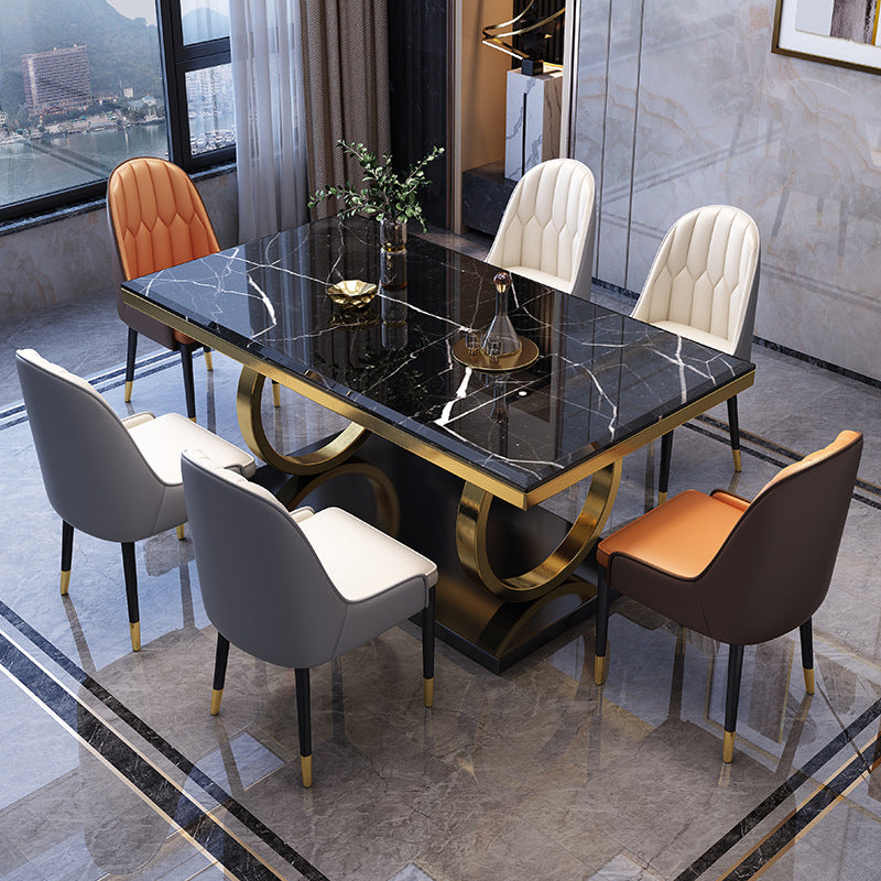Aurelius Marble Dining Table &amp; 6 Chair Set with Gold Double-Ring Base - Greenora Living