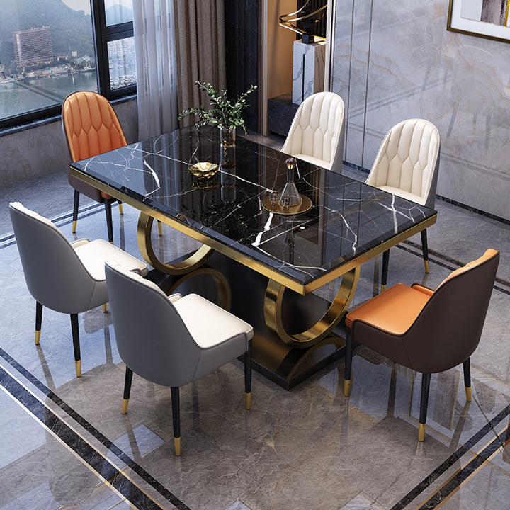 Aurelius Marble Dining Table &amp; 6 Chair Set with Gold Double-Ring Base - Greenora Living