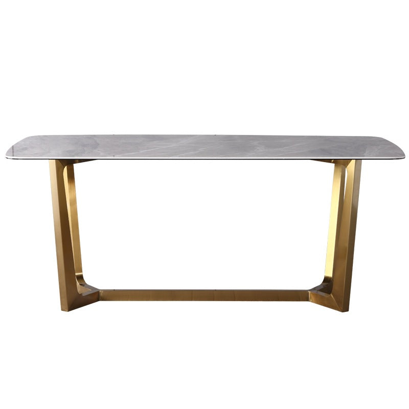 Aria Stone Oval Dining Table &amp; 6 Chair Set with Gold Arch Base - Greenora Living