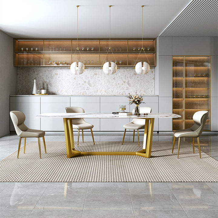 Aria Stone Oval Dining Table &amp; 6 Chair Set with Gold Arch Base - Greenora Living
