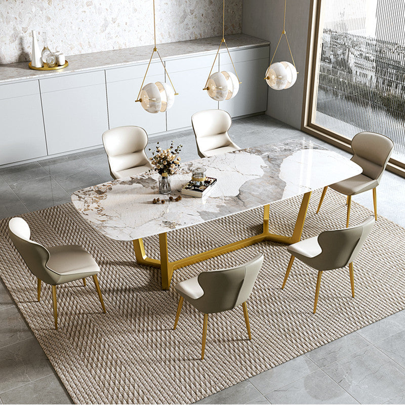 Aria Stone Oval Dining Table &amp; 6 Chair Set with Gold Arch Base - Greenora Living