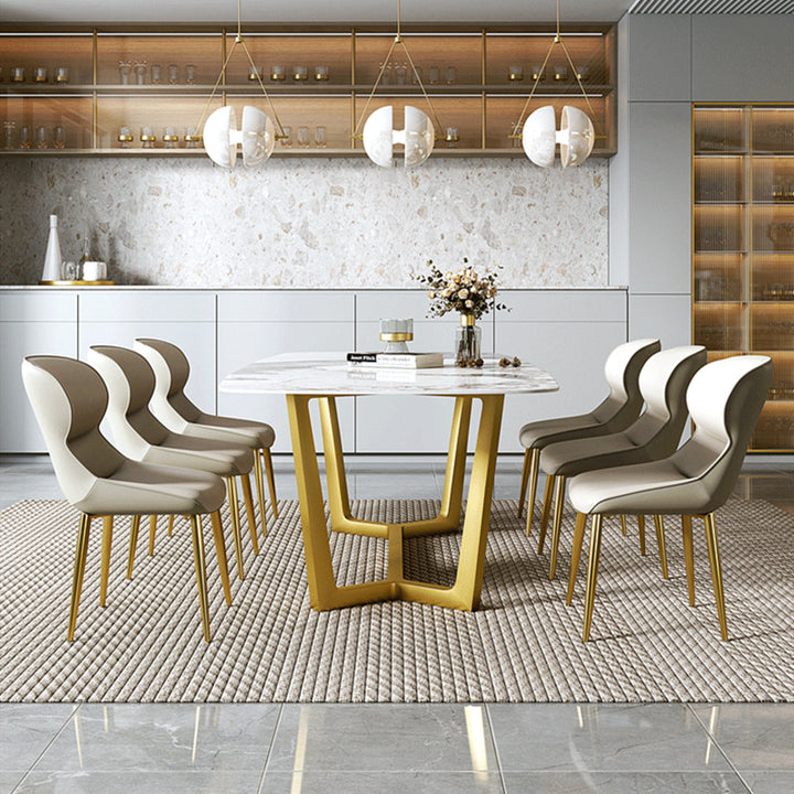 Aria Stone Oval Dining Table &amp; 6 Chair Set with Gold Arch Base - Greenora Living