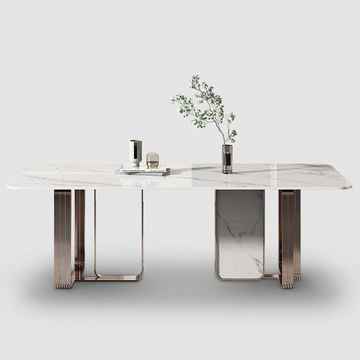 Palazzo Stone Dining Table &amp; 6 Chair Set with Fluted Dual Pedestal Base - Greenora Living