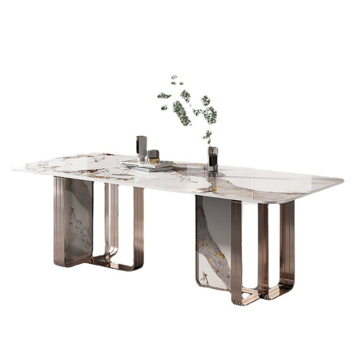 Palazzo Stone Dining Table &amp; 6 Chair Set with Fluted Dual Pedestal Base - Greenora Living