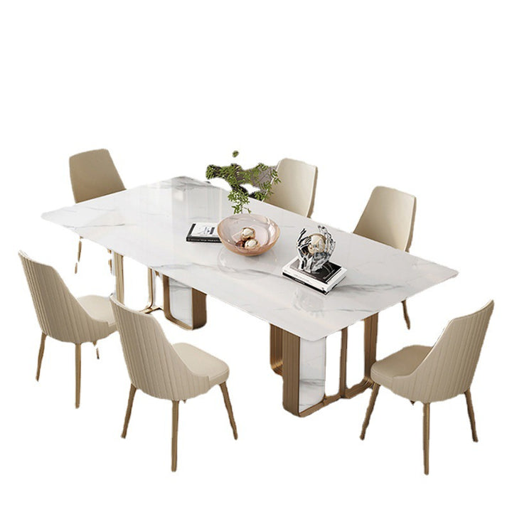 Palazzo Stone Dining Table &amp; 6 Chair Set with Fluted Dual Pedestal Base - Greenora Living