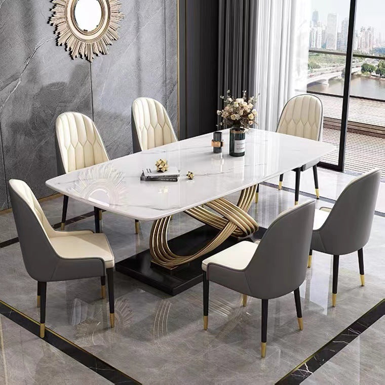 Vortex Marble Dining Table & 6 Chair Set with Sculptural Gold Twist Base - Greenora Living