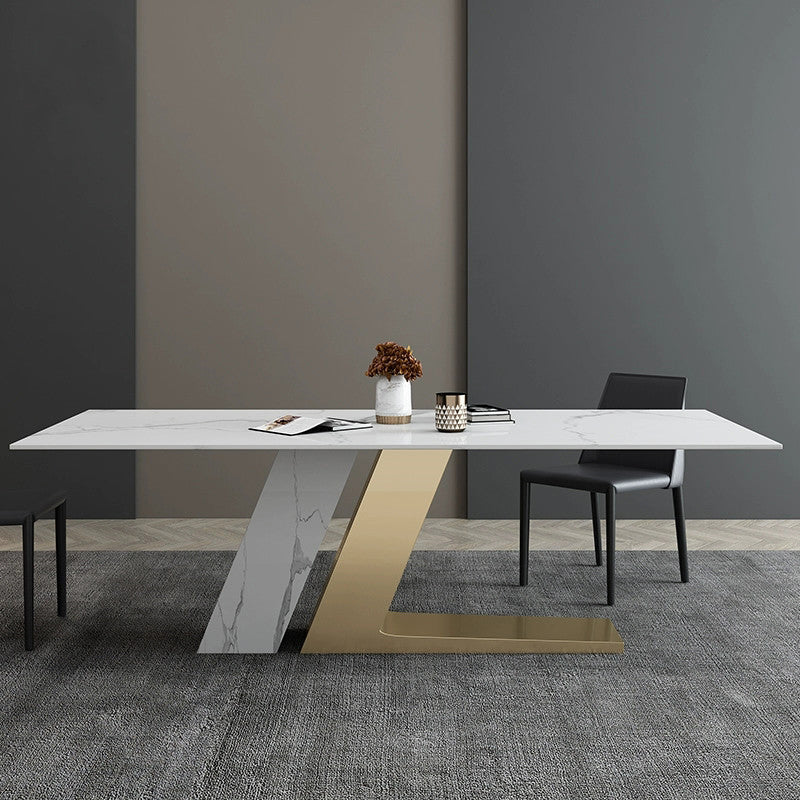 Blade Stone Dining Table & 6 Chair Set with Dual V-Base in Black and Gold - Greenora Living