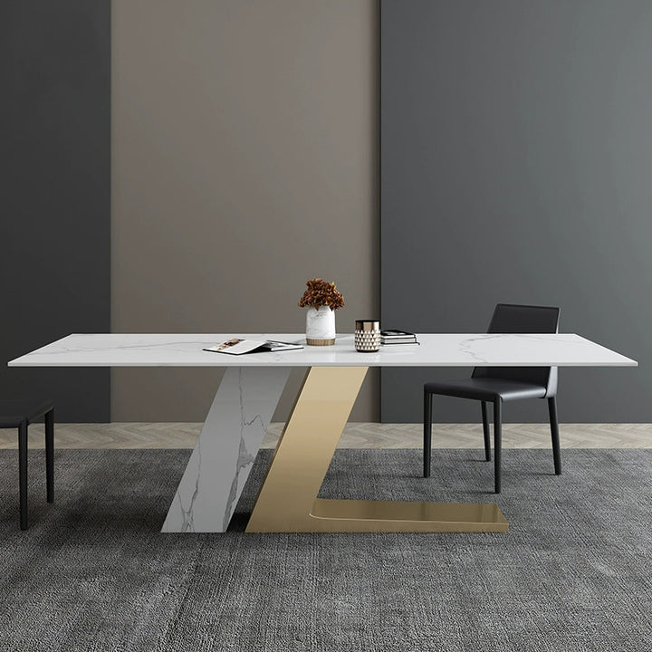 Blade Stone Dining Table &amp; 6 Chair Set with Dual V-Base in Black and Gold - Greenora Living