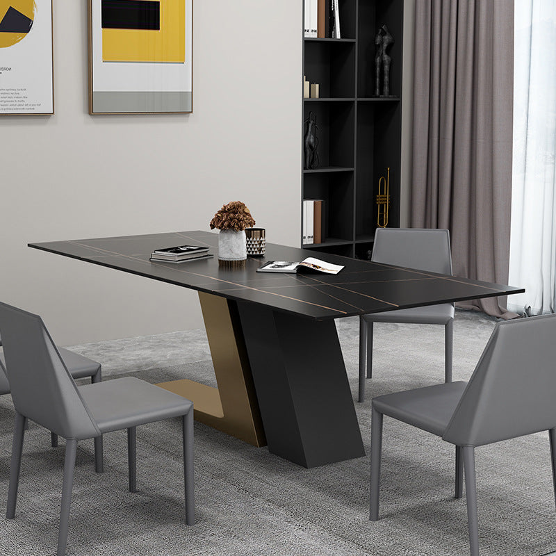 Blade Stone Dining Table &amp; 6 Chair Set with Dual V-Base in Black and Gold - Greenora Living