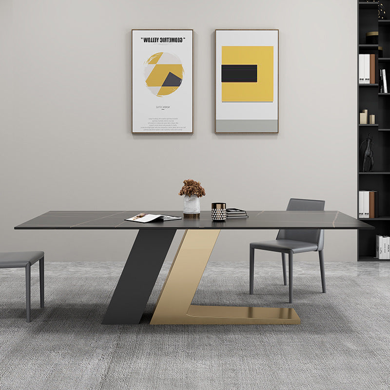 Blade Stone Dining Table &amp; 6 Chair Set with Dual V-Base in Black and Gold - Greenora Living