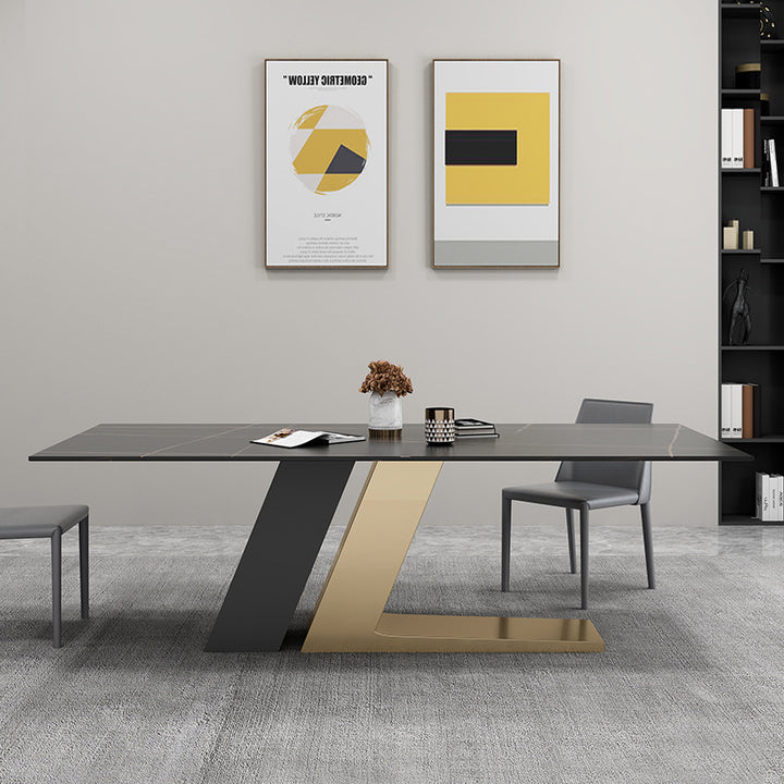Blade Stone Dining Table &amp; 6 Chair Set with Dual V-Base in Black and Gold - Greenora Living