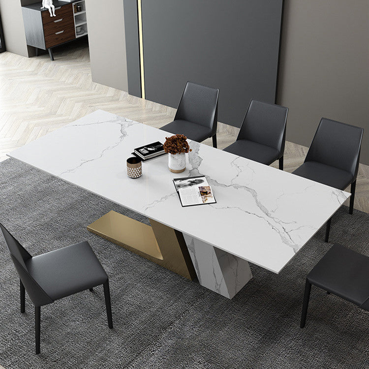 Blade Stone Dining Table &amp; 6 Chair Set with Dual V-Base in Black and Gold - Greenora Living