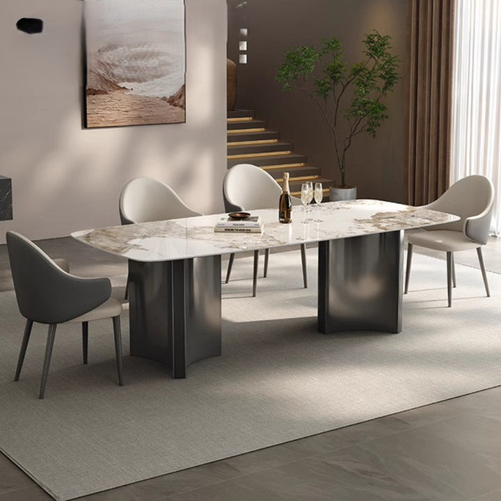 Marble Top Dining Table &amp; 6 Chairs Set with Sculptural Pedestal Base - Greenora Living