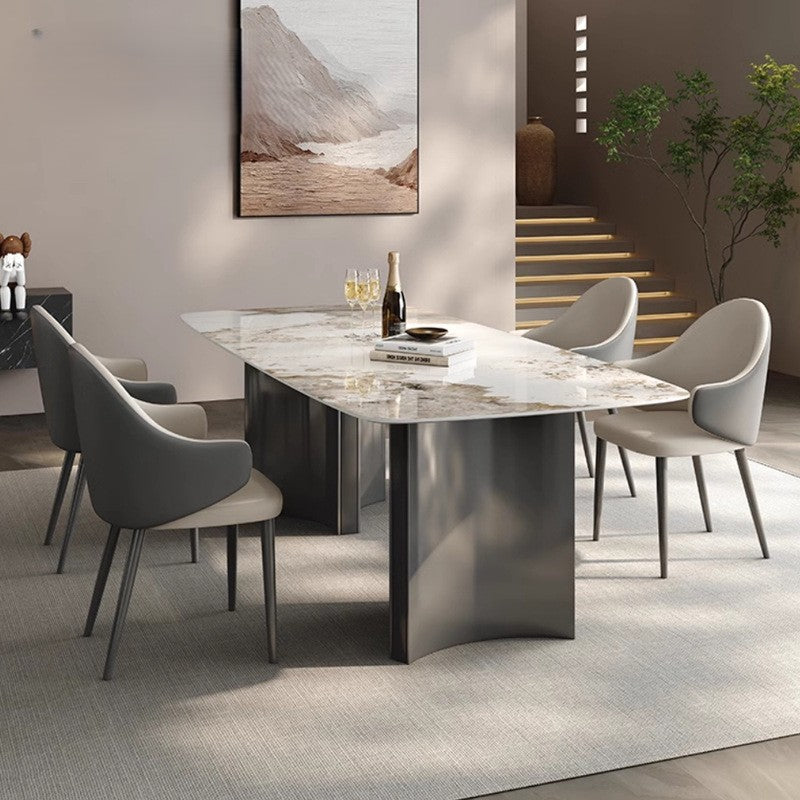 Marble Top Dining Table &amp; 6 Chairs Set with Sculptural Pedestal Base - Greenora Living